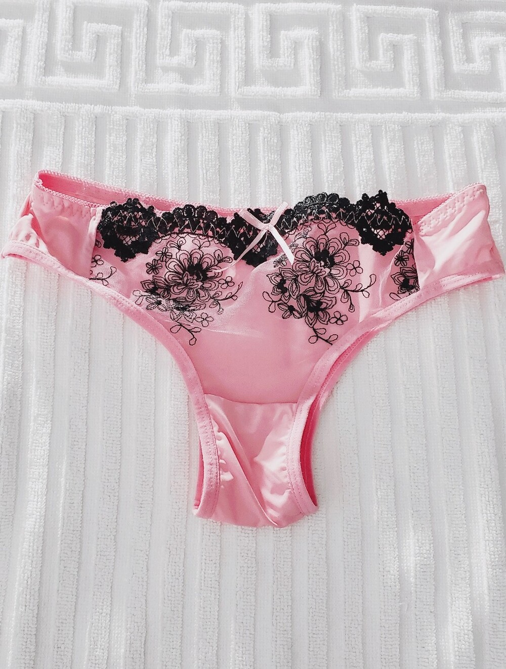 ROSA JUNIO Pink Lace-Embellished Super Sheer Front Satin Panty